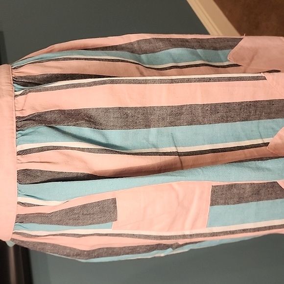 Vintage Apron pink and black and turquoise stripes with pocket - Picture 2 of 8